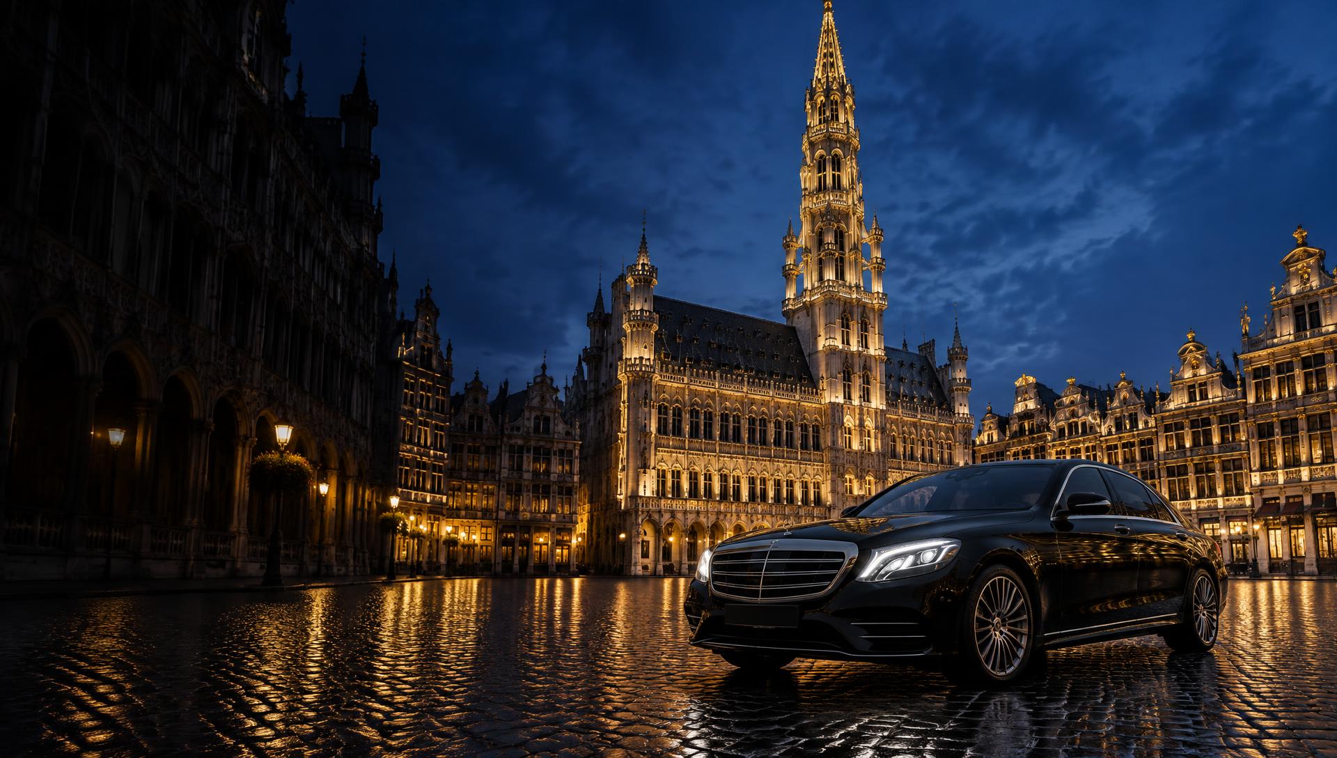 Grand-Place de Bruxelles la nuit avec une Mercedes noire